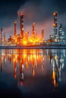 large-vecteezy_oil-refinery-at-night-with-reflection-of-water_68881833_large Dramatic night view of a brightly lit oil refinery with tall towers and colorful reflections shimmering in the calm water.
